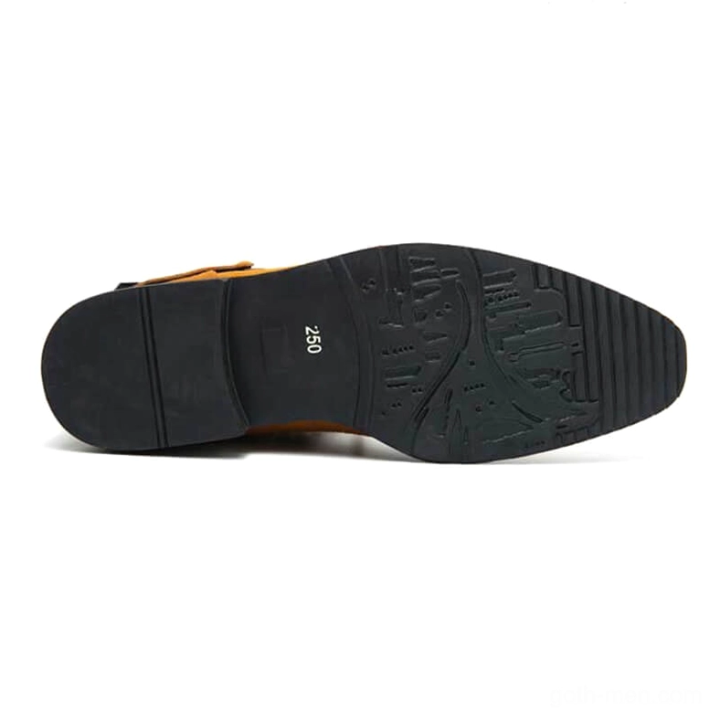 Bottom sole view of black gothic ankle boots showing rubber outsole size marking and tan inner lining
