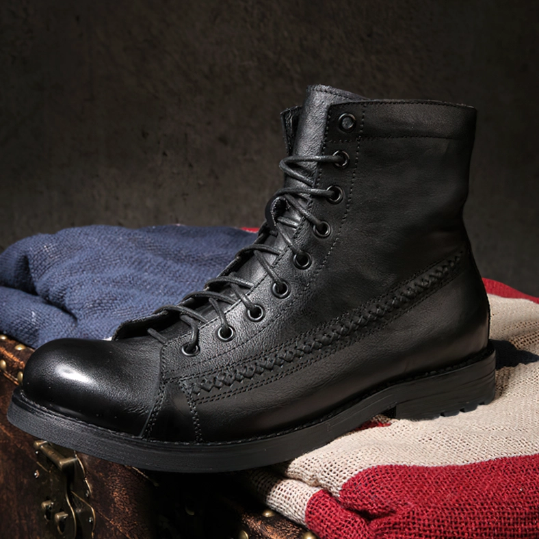 Black gothic lace-up ankle boots with stitched toe cap details on knit fabrics