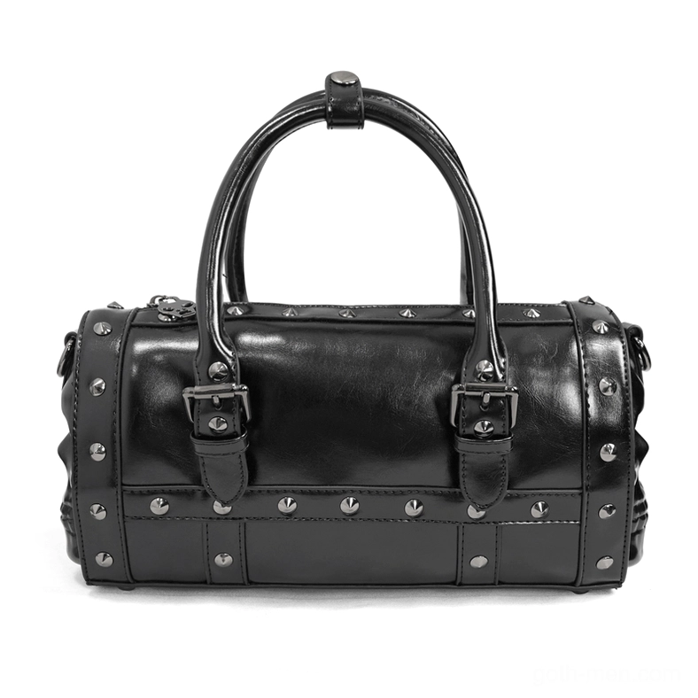 Glossy black gothic bowling handbag with metal rivets and dual handle straps, cylindrical shape design