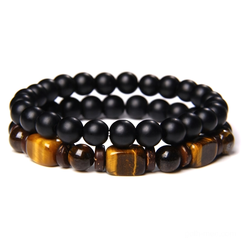 Dual-layer black onyx and tiger stone beaded gothic bracelet, oblique angle view showing bead arrangement and detail