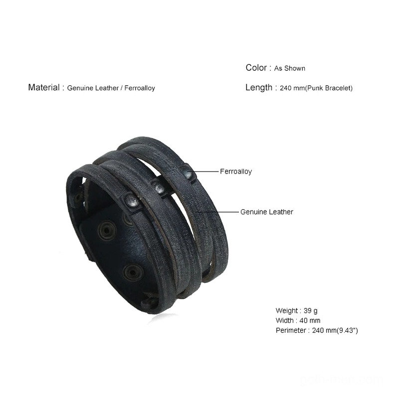 Product specification chart for black leather gothic bracelet showing materials, dimensions, weight, and sizing information