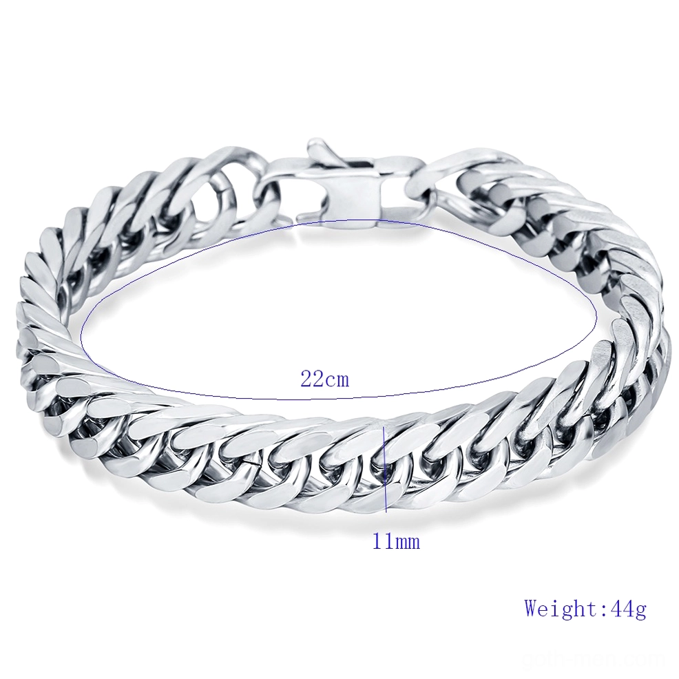 Complete stainless steel gothic curb chain bracelet specifications showing 22cm length 11mm width
