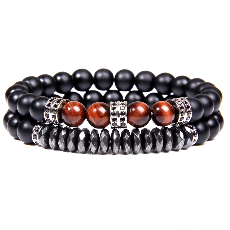 Gothic double-layer beaded bracelet with black onyx and red tiger eye stones, silver metal spacers