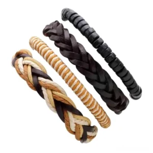 Four distinct gothic leather bracelets side-by-side display showing individual punk rock rope wristband styles
