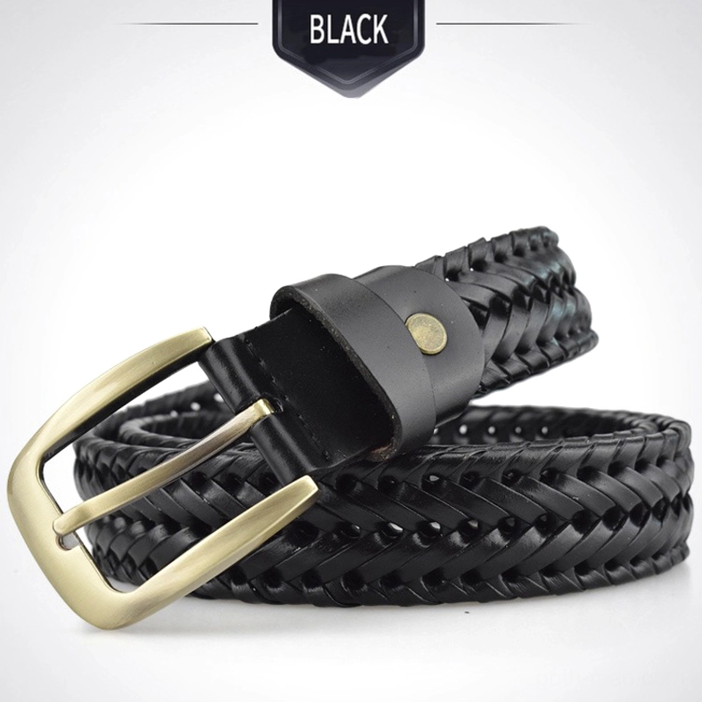 Black hand-knitted gothic braided leather belt with all-black woven design and gold metal buckle