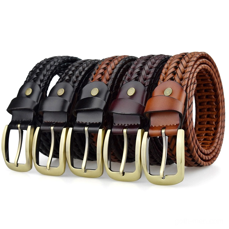 Five assorted hand-knitted gothic braided leather belts in multiple colors with gold metal buckles