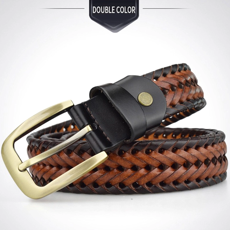 Double color braided leather belt with two-tone black and tan brown weave pattern, gold metal buckle