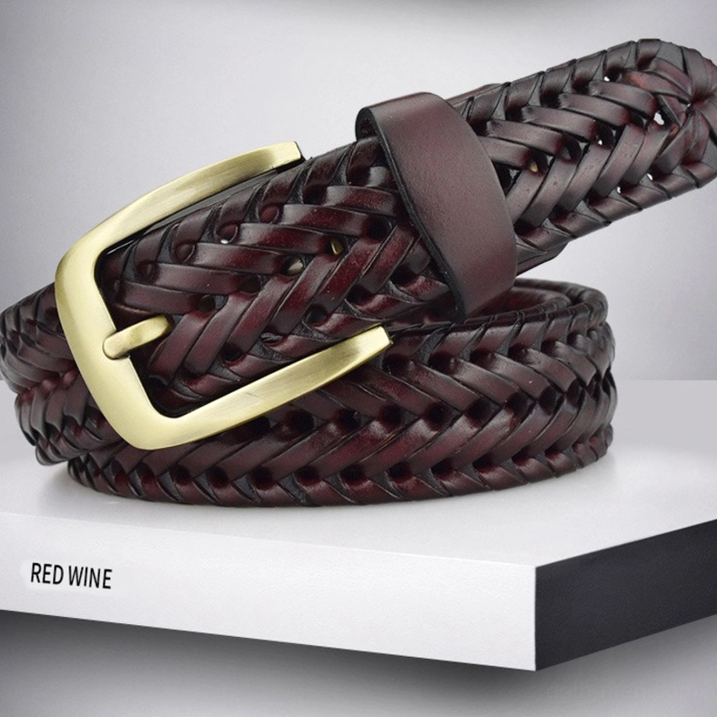 Hand-knitted gothic braided leather belt extending full length measurement display
