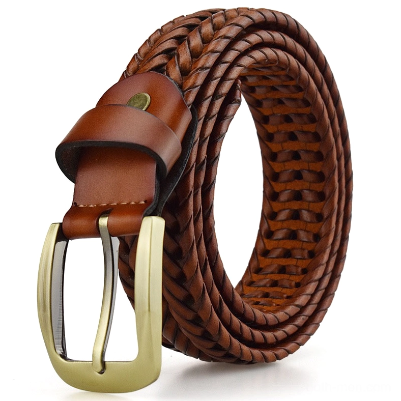Gothic braided leather belt showcasing hand-knitted construction and weave pattern detail
