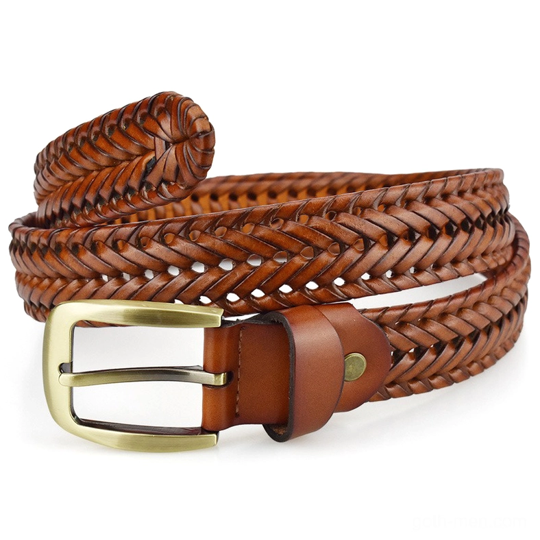 Tan brown hand-knitted braided leather belt with gold metal pin buckle and brown leather keeper, flat lay