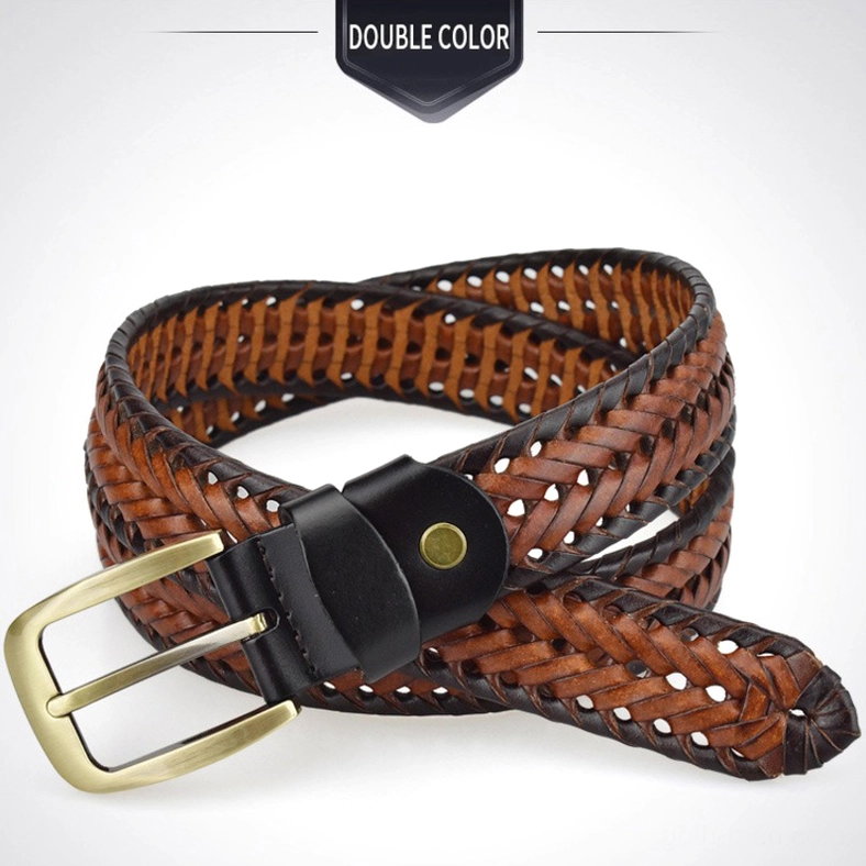 Tan brown coiled hand-knitted braided leather belt with black leather keeper and gold metal buckle