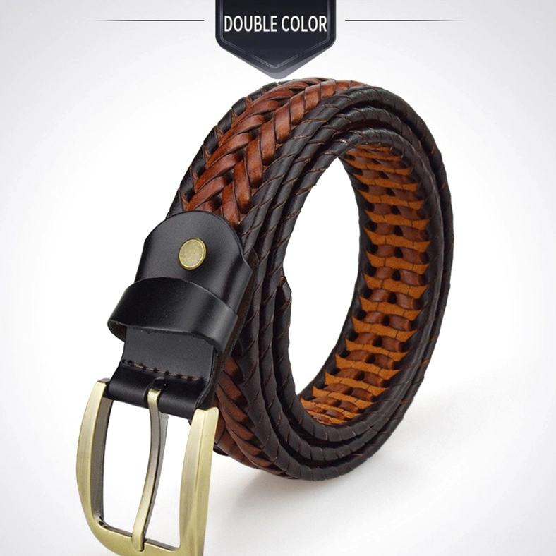 Two-tone black and tan brown gothic braided belt with silver metal buckle, side profile