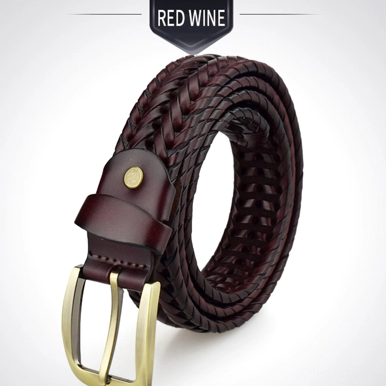 Wine red burgundy hand-knitted gothic braided leather belt with dark brown keeper and gold buckle