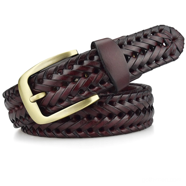 Wine red hand-knitted gothic braided leather belt with gold-toned metal buckle, side view