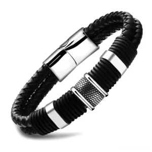 Black braided leather gothic toggle bracelet with stainless steel hardware, angled side view showing intricately woven leather texture and magnetic clasp