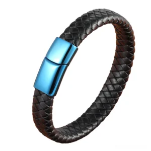 Black woven braided leather gothic bracelet with blue stainless steel easy-hook clasp, oblique side view