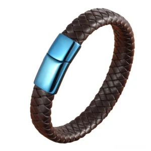 Dark brown woven braided leather gothic bracelet with blue stainless steel buckle, oblique side view