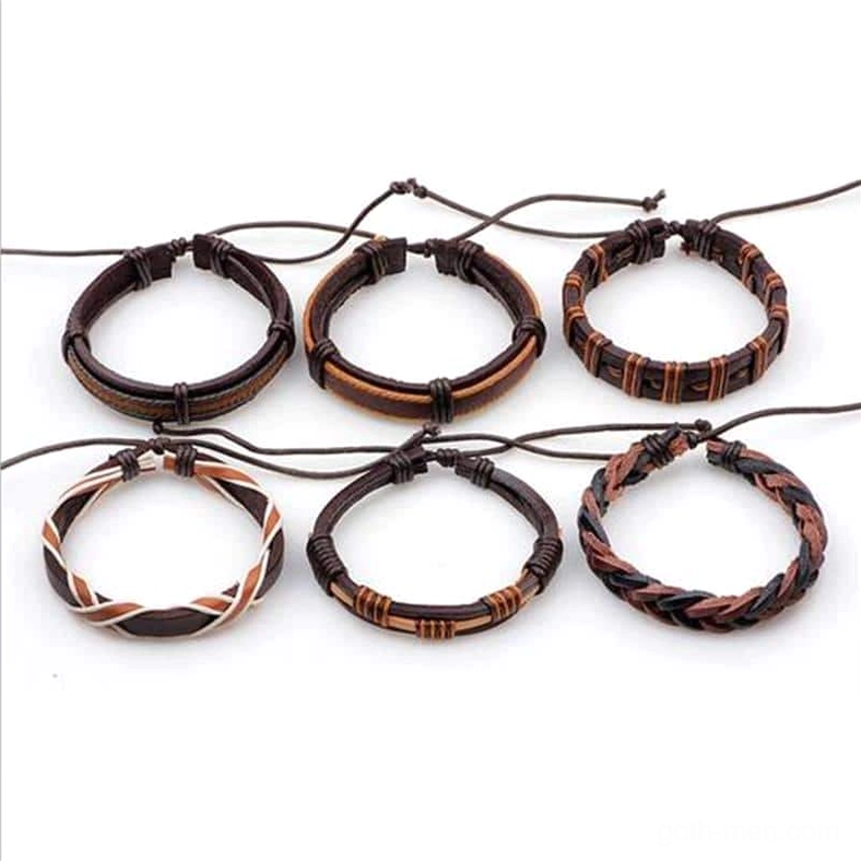 6-piece round gothic leather bracelet set top-down showing braided and color-blocked designs with stitching details