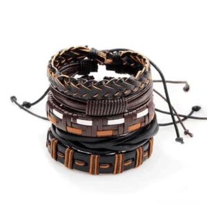 Gothic braided leather bracelet set 5-piece flat lay displaying brown and black woven wristbands with adjustable pull ties