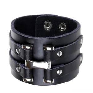 Black braided leather gothic cuff bracelet with dual straps and silver metal hardware front flat lay view