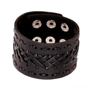 Wide braided leather gothic cuff bracelet with hand-woven texture and metal snap fasteners, displayed flat showing intricate weave pattern