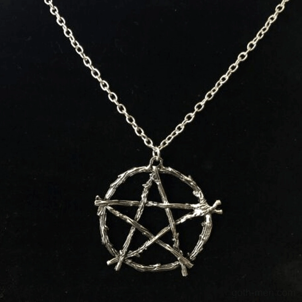 Complete gothic twig pentagram necklace on pure black background, displaying thin metal cable chain and full pendant design for occult enthusiasts
