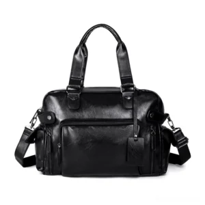 Men's gothic black leather briefcase bag direct front view with silver hardware and front zipper pocket