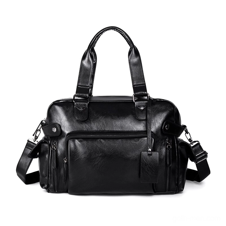 Men's gothic black leather briefcase bag direct front view with silver hardware and front zipper pocket