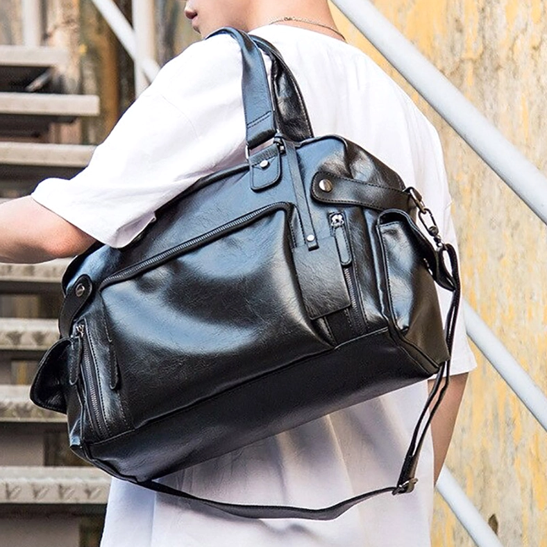 Black gothic leather briefcase bag interior view with computer interlayer and multiple storage compartments