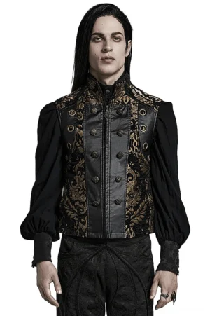 Black and gold damask gothic waistcoat front view on model with stand-up collar and structured shoulders