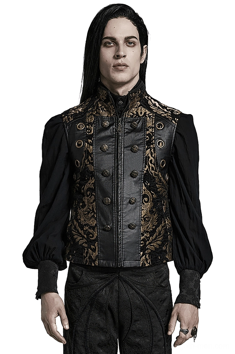 Black and gold damask gothic waistcoat front view on model with stand-up collar and structured shoulders