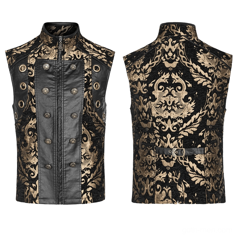 Flat lay front and back view of black gold brocade waistcoat showing double-breasted buttons and side eyelets