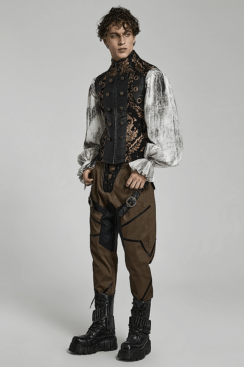 Gothic brocade waistcoat size comparison flat lay showing garment dimensions and construction quality