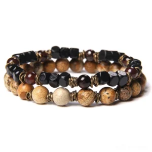 Earthy brown and cream natural stone bead bracelet, gothic unisex jewelry with metallic accents