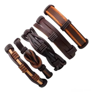 5-piece brown leather gothic bracelet set flat lay showing braided and woven designs