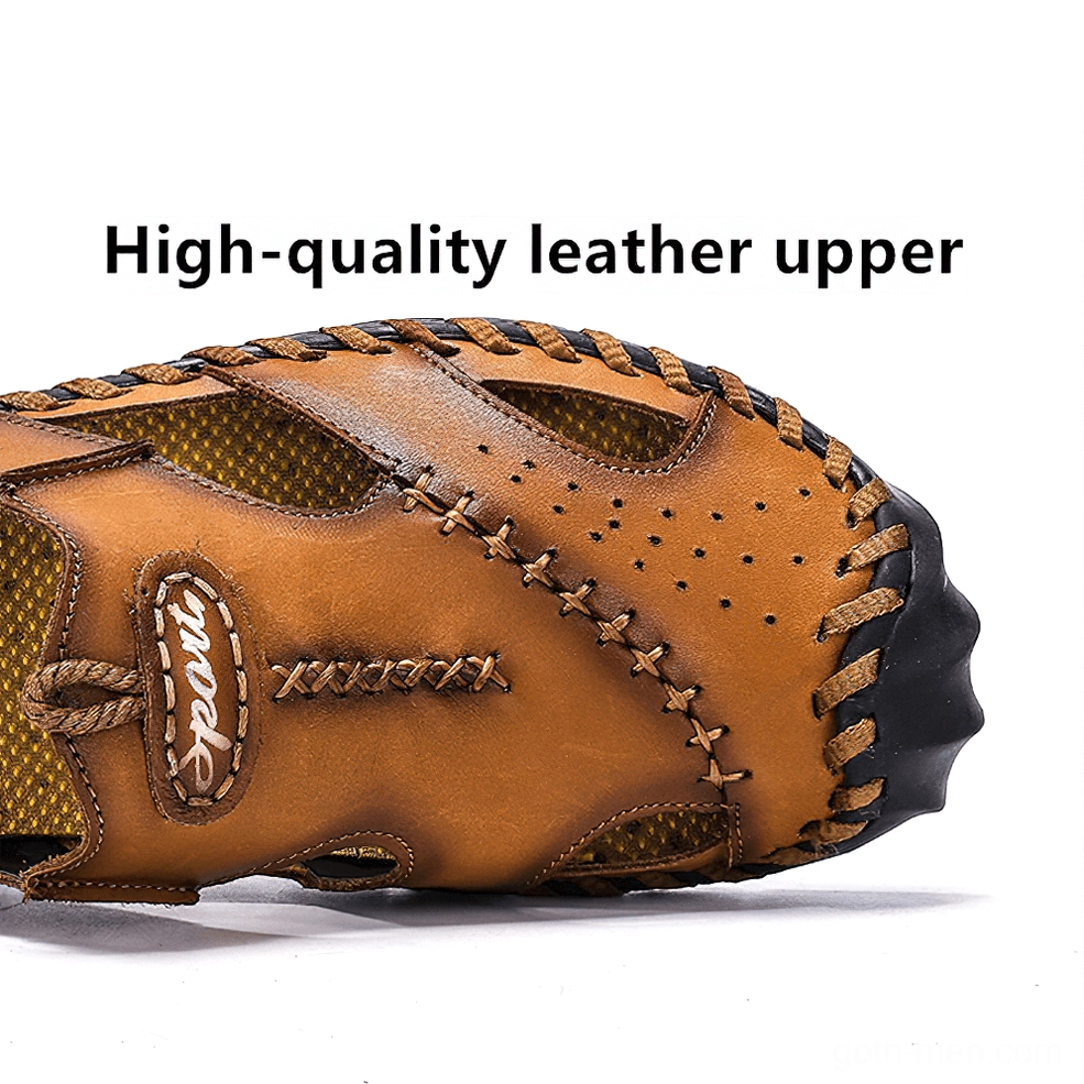Men's brown genuine leather gothic sandals with hand-stitched edges and EVA insole - close-up