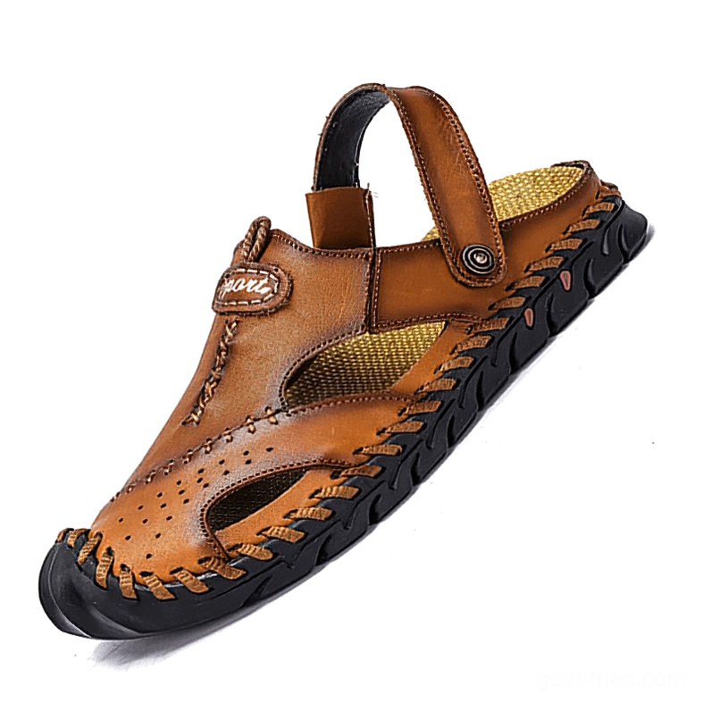Men's medium brown convertible genuine leather sandals with perforated design and non-slip sole