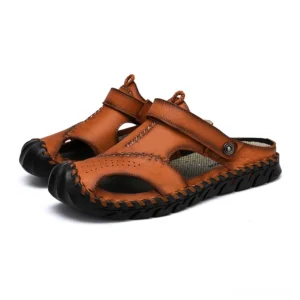 Men's chestnut brown perforated genuine leather gothic sandals with contrast stitching - studio view