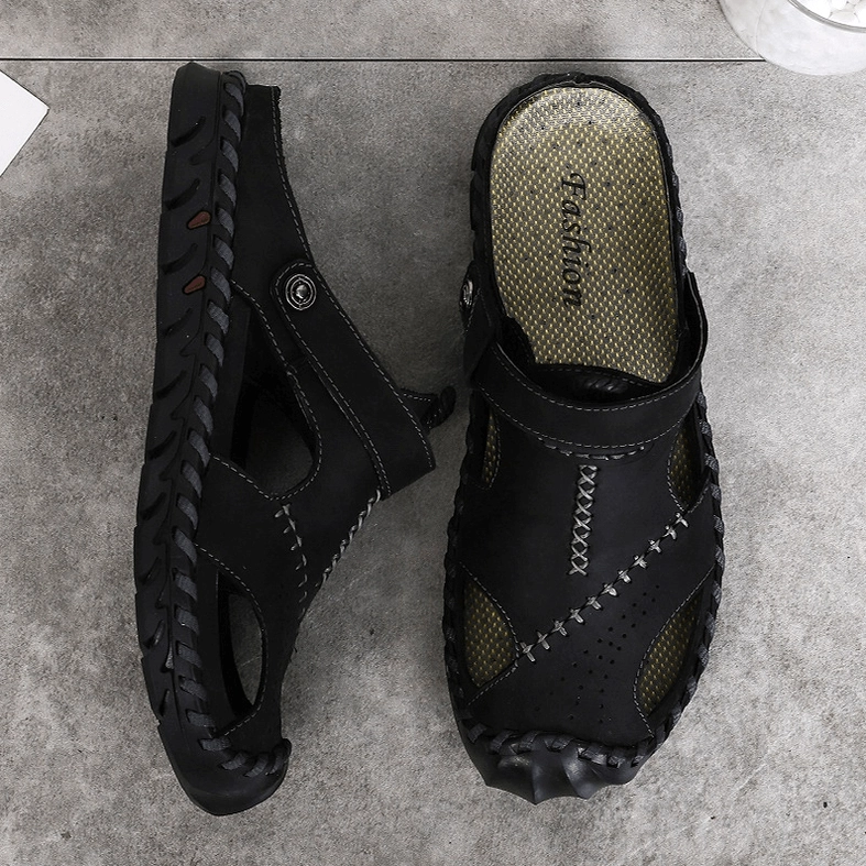 Men's brown genuine leather gothic sandals with branded patch and hand-finished details