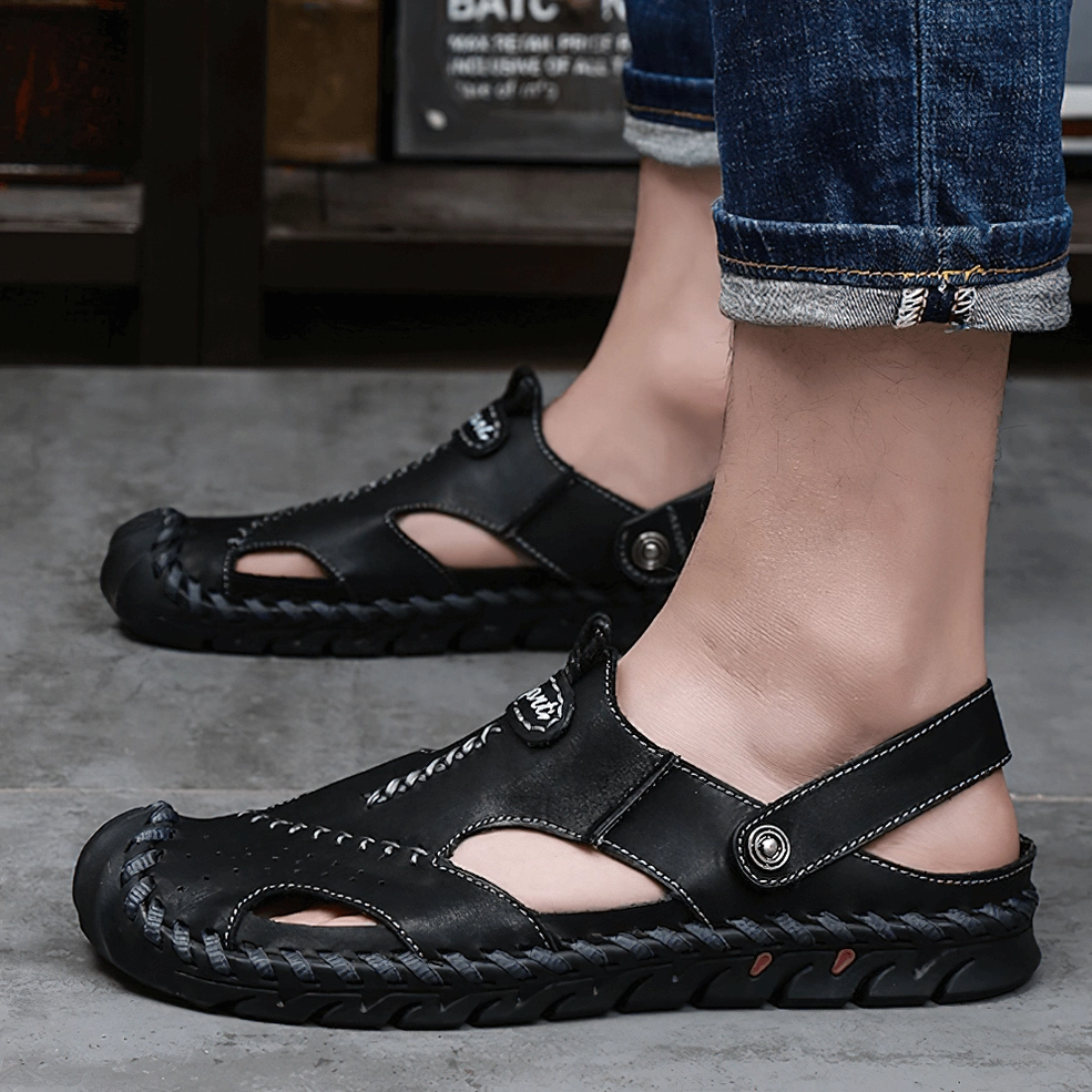 Men's brown genuine leather gothic sandals with perforated design - comfortable wear demonstration