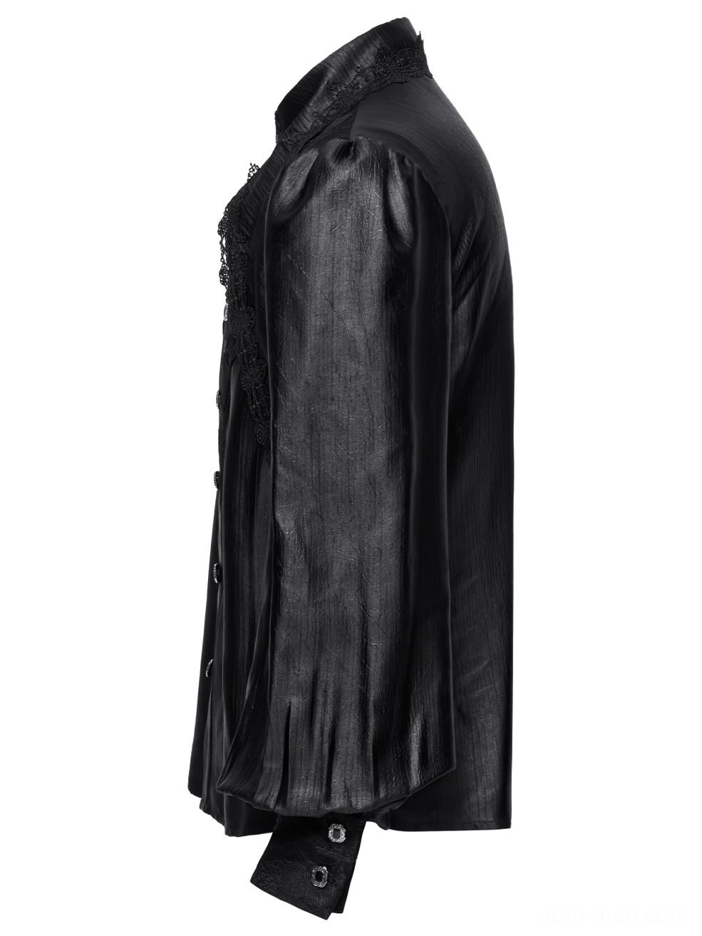 Side view showing gothic bubble sleeve construction with gathered wrist cuff and lace details