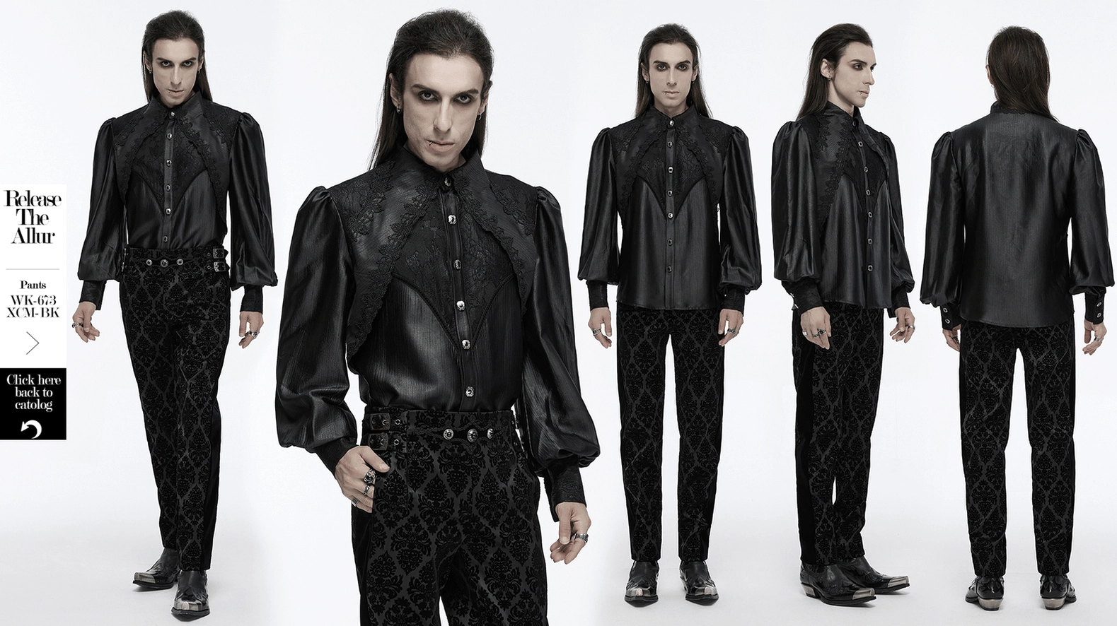 Complete flat display of black gothic lace shirt for men - all design elements visible