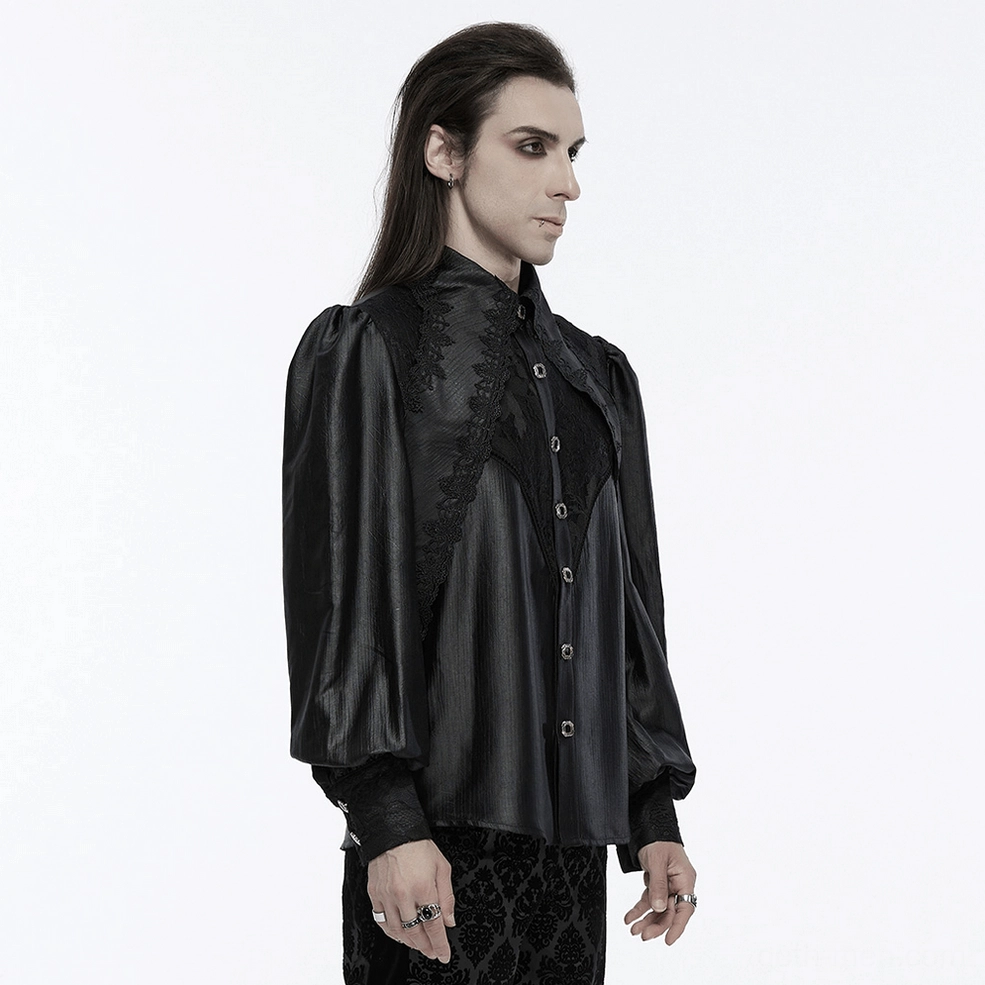 Alternative angle of black gothic bubble sleeve lace shirt showing overall silhouette and construction