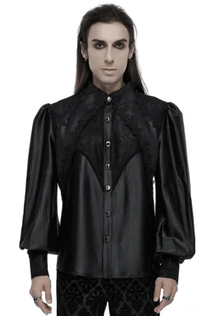 Men's gothic bubble sleeve lace shirt front view on model - black woven fabric with lace yoke and vintage buttons