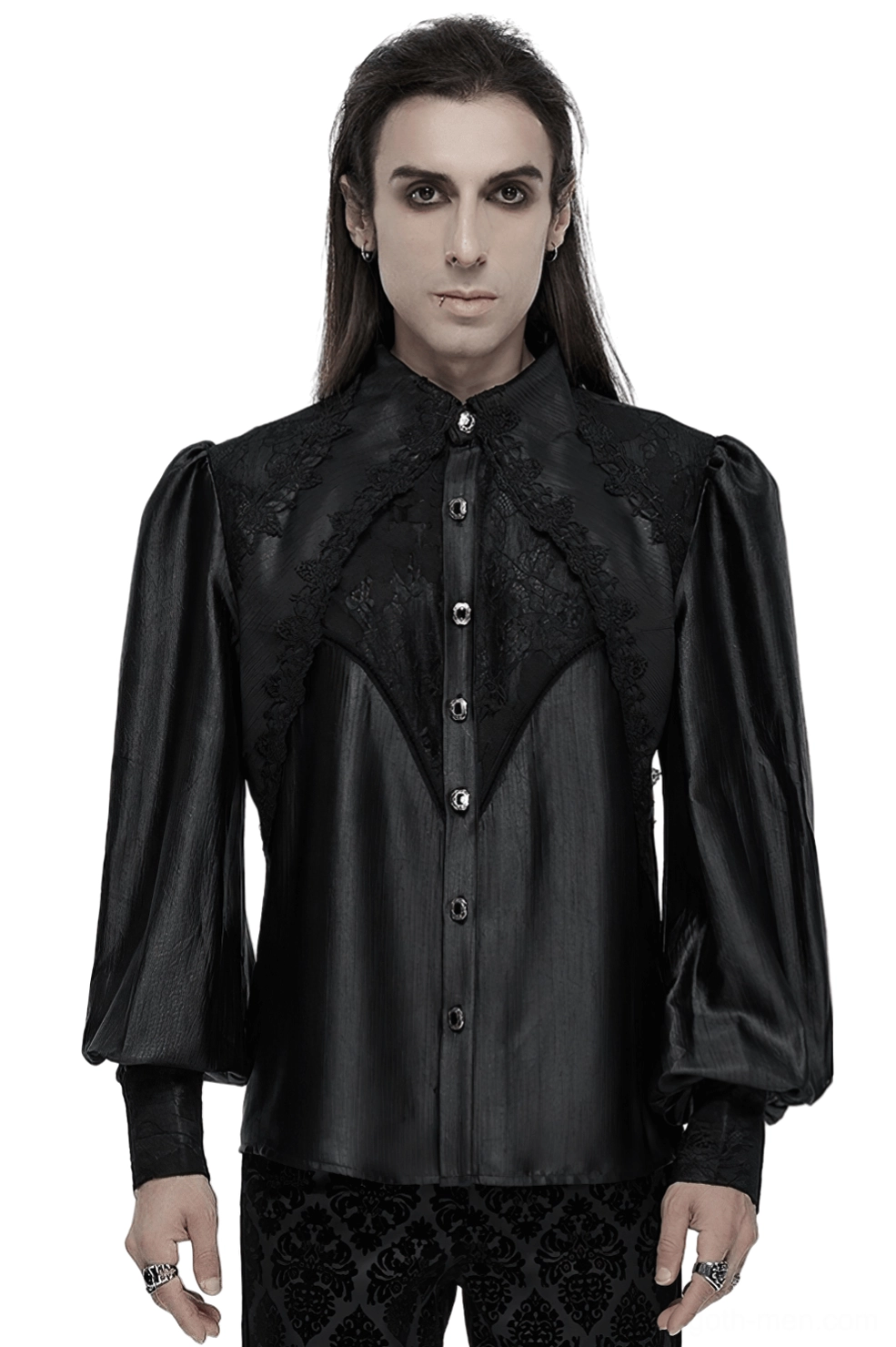 Men's gothic bubble sleeve lace shirt front view on model - black woven fabric with lace yoke and vintage buttons