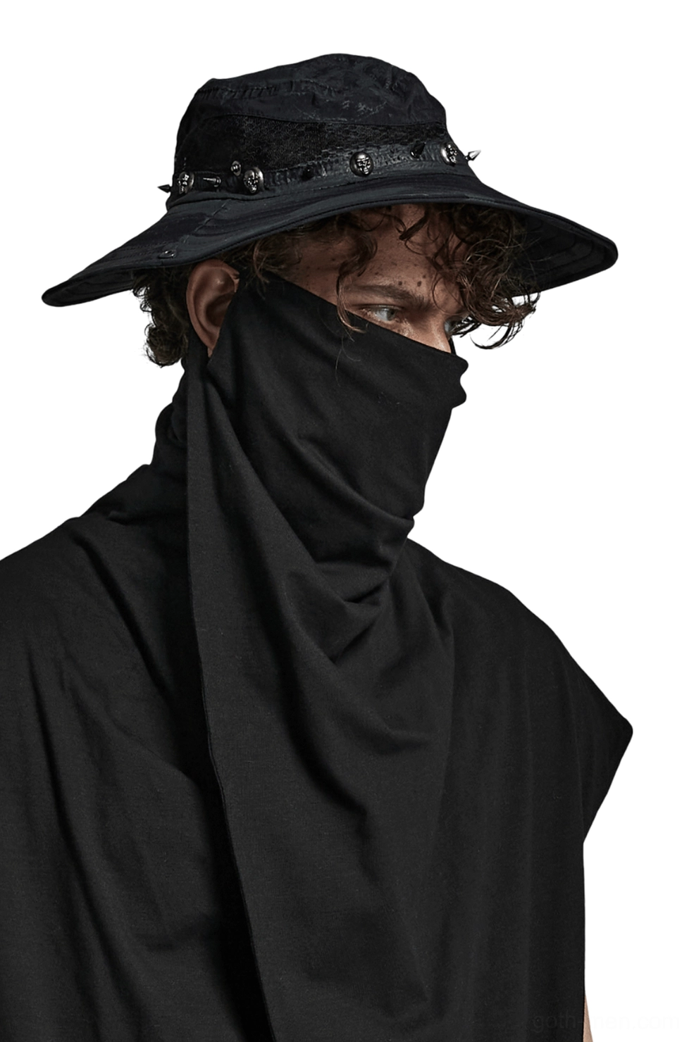 Black gothic bucket hat featuring adjustable chin strap and distressed woven fabric texture in side partial view