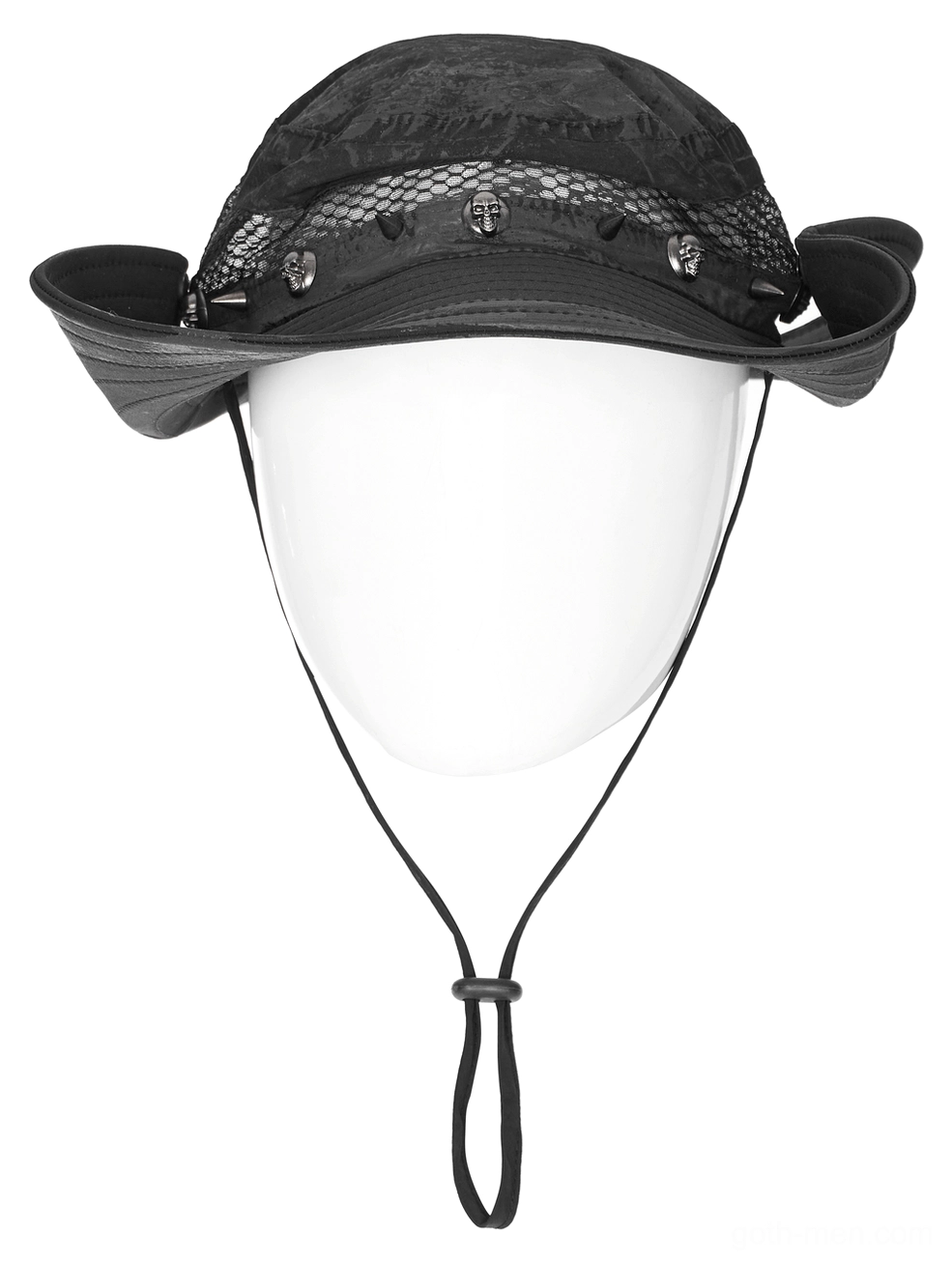Rolled brim black gothic bucket hat with adjustable chin strap and distressed fabric texture on mannequin