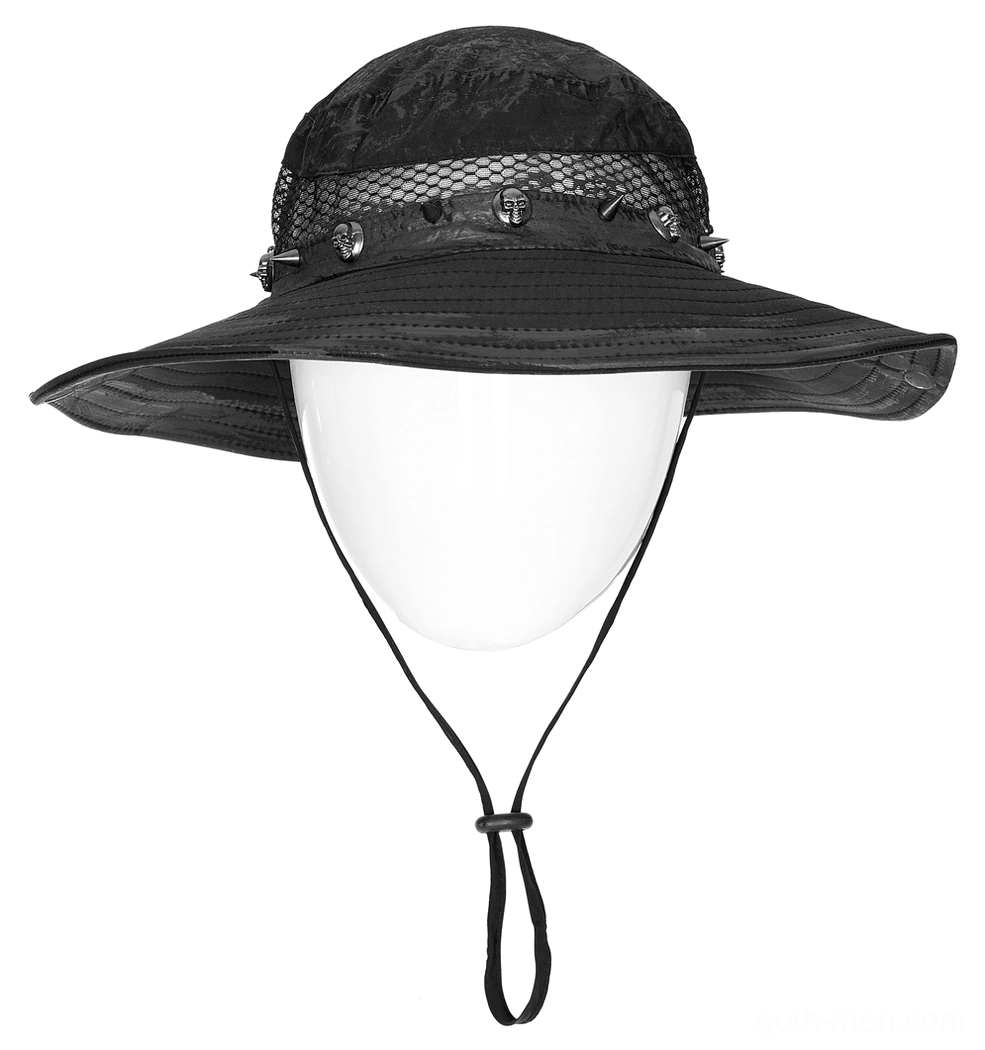 Wide brim black gothic bucket hat with mesh crown and metal studs on mannequin head front view