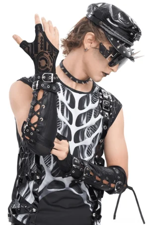 Black gothic buckle arm gauntlets with cross lace design and adjustable straps on male model, side front view