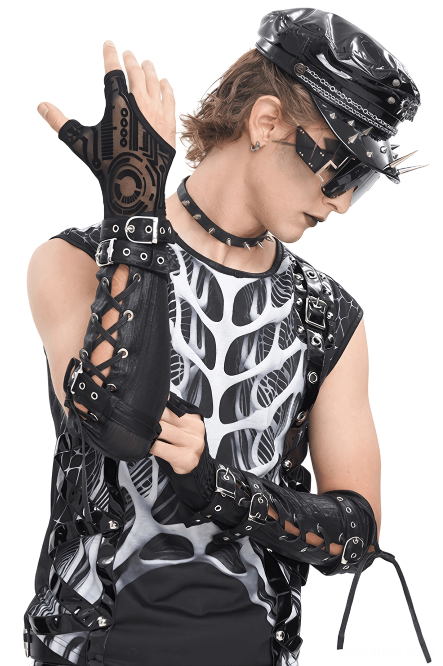 Black gothic buckle arm gauntlets with cross lace design and adjustable straps on male model, side front view